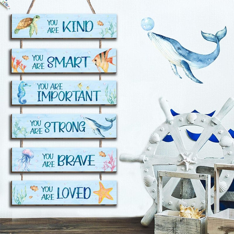 HIWERAN 6 Pieces Ocean Decor Kids Room Decor, Inspirational Watercolor Ocean Positive Quotes Wall Art Decor for Teens Children Bedroom, Works of Art Made of Wood, Works of Art of Wood, Placards of Woods - Image 5